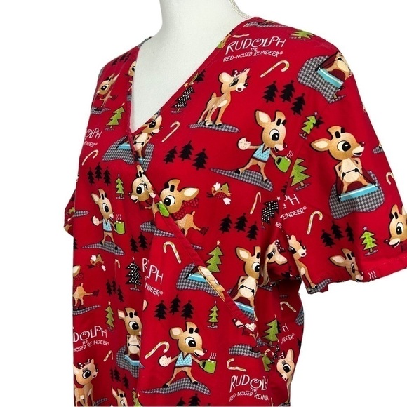 RUDOLPH THE RED NOSED REINDEER Women’s Scrub Sz 2X Multi Color V-neck SS - Picture 4 of 11